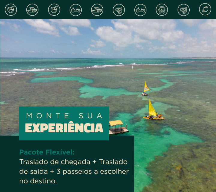 Pacote Flexível: Traslado Chegada e saída + 3 passeios a escolher (Porto de Galinhas)