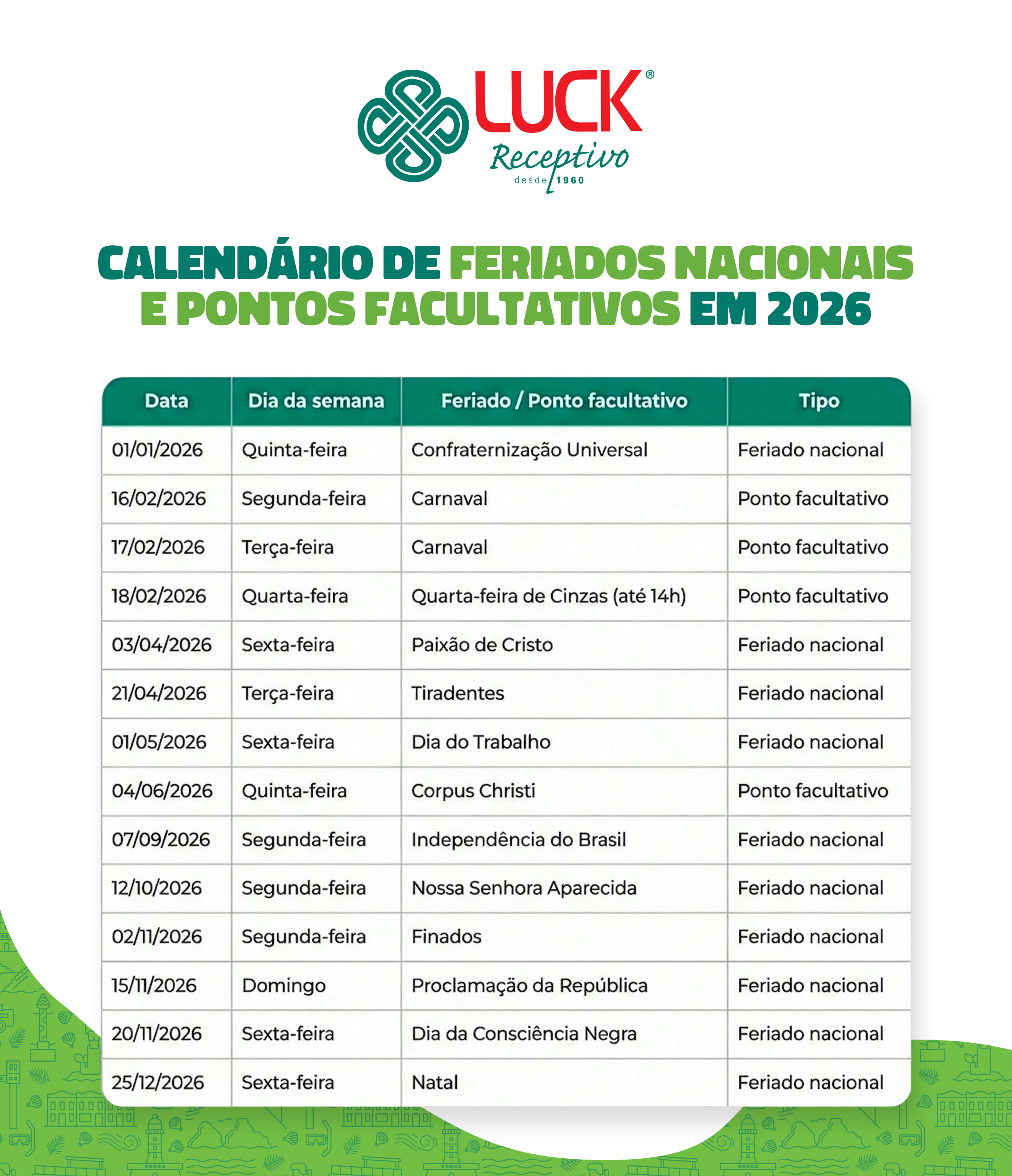 Feriados em 2026 - Calend&aacute;rio de feriados nacionais e pontos facultativos em 2026